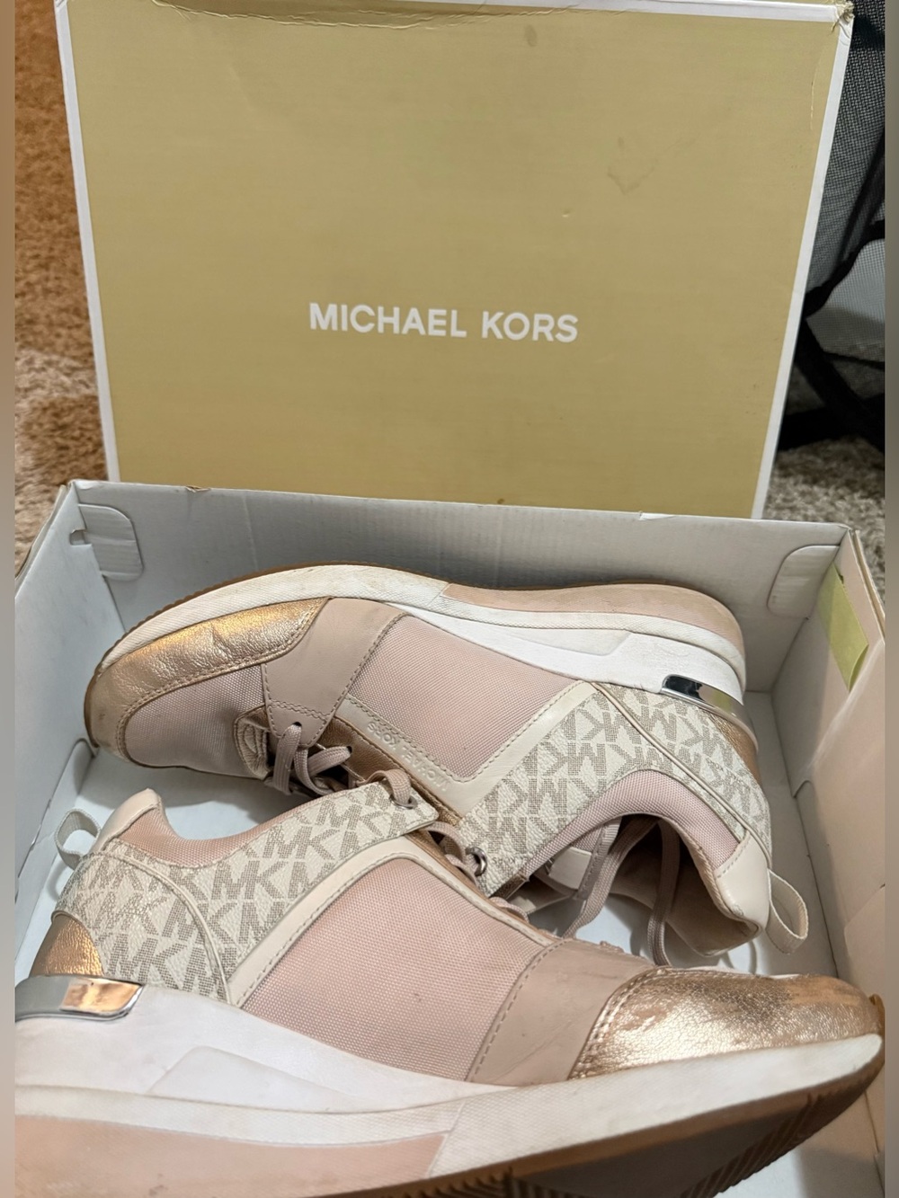 Michael Kors Blush Pink & Metallic Gold Lace-Up Sneakers - Picture 6 of 9